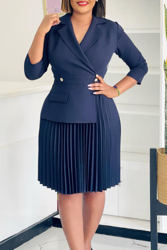 Deep Blue Turn-back Collar Long Sleeve Long Formal Office Lady Pleated Midi Dresses