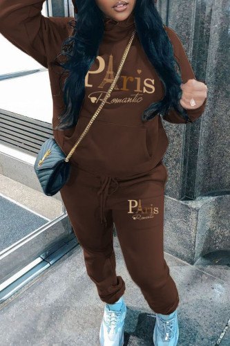 Brown Sportwear Casual Letter Print Long Sleeve Hooded Sweatshirt And Drawstring Pants Two Pieces Sweatpant Sets