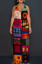 Orange Green Casual Boho Graphics Print Sleeveless Backless Loose Vacation Wide Leg Halter Jumpsuits