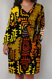 Brown Casual Boho Graphics Print Basic V Neck Short Sleeve Loose Pockets Midi T-Shirt Dress