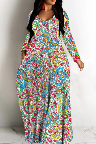 Colour Casual Graphics Print V Neck Long Sleeve Floor Length Casual Outing Oversized Hem Loose Maxi Dress