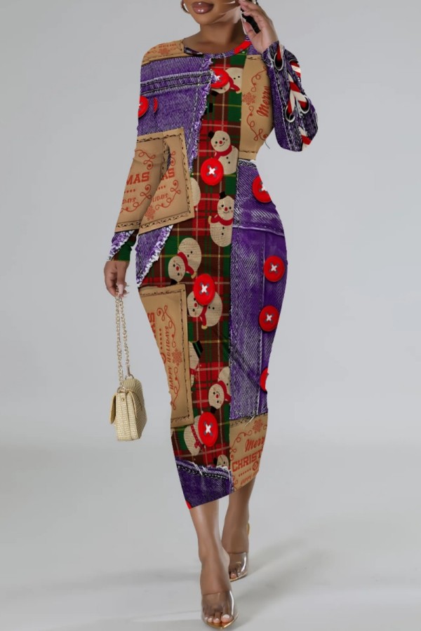 Purple Casual Christmas Print Long Sleeve O Neck Bodycon Maxi Dresses