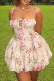 Light Pink Floral Print Backless Spaghetti Strap Hollow Out Vacation Pleated Mini Slip Dresses