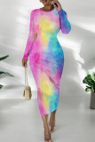 Yellow And Blue Casual Tie Dye Print O Neck Long Sleeve Wrapped Skirt Bodycon Maxi Dresses