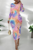 Yellow And Blue Casual Tie Dye Print O Neck Long Sleeve Wrapped Skirt Bodycon Maxi Dresses