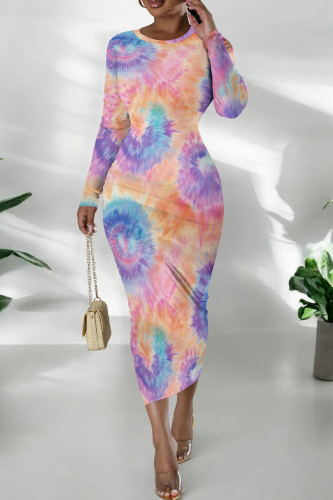Pink Casual Tie Dye Print O Neck Long Sleeve Wrapped Skirt Bodycon Maxi Dresses