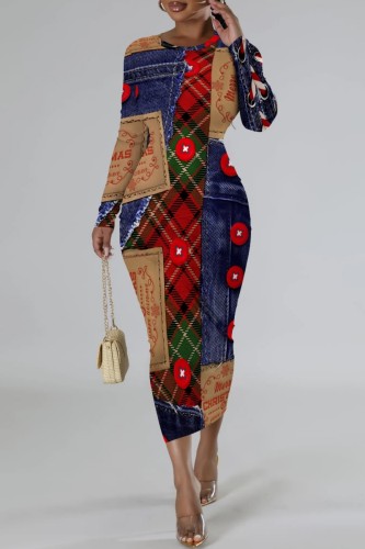 Red Green Casual Christmas Print Long Sleeve O Neck Bodycon Maxi Dresses