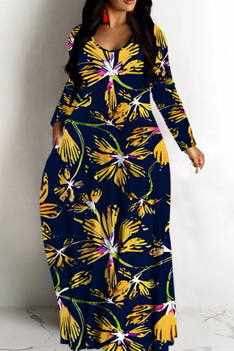 Tibetan Blue Casual Striped Floral Print V Neck Long Sleeve Floor Length Casual Outing Oversized Hem Loose Maxi Dress