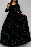 Striped Flowers Leopard Print Lace Up O Neck Long Sleeve Vacation Maxi Dresses