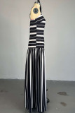 Black And White Stripe Print Sleeveless Backless Spaghetti Strap Vacation Maxi Slip Dresses