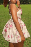 Light Pink Floral Print Backless Spaghetti Strap Hollow Out Vacation Pleated Mini Slip Dresses