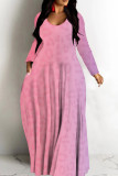 Deep Pink Casual Graphics Print V Neck Long Sleeve Floor Length Casual Outing Oversized Hem Loose Maxi Dress