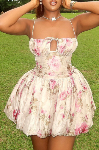 Light Pink Floral Print Backless Spaghetti Strap Hollow Out Vacation Pleated Mini Slip Dresses