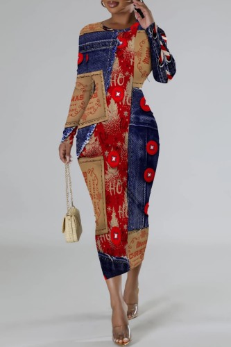Red Khaki Casual Christmas Print Long Sleeve O Neck Bodycon Maxi Dresses