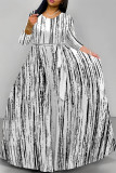 Striped Flowers Leopard Print Lace Up O Neck Long Sleeve Vacation Maxi Dresses