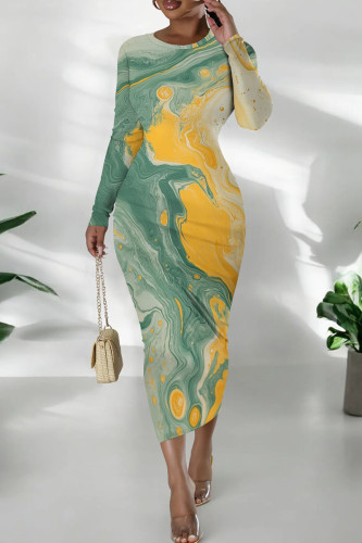 Green Yellow Casual Tie Dye Print O Neck Long Sleeve Wrapped Skirt Bodycon Maxi Dresses