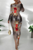 Orange White Casual Street Geometric Print Contrast O Neck Printed Dresses