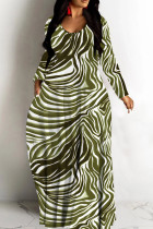 Green Casual Striped Floral Print V Neck Long Sleeve Floor Length Casual Outing Oversized Hem Loose Maxi Dress