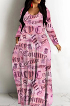 Deep Pink Casual Graphics Print V Neck Long Sleeve Floor Length Casual Outing Oversized Hem Loose Maxi Dress