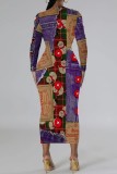 Purple Casual Christmas Print Long Sleeve O Neck Bodycon Maxi Dresses