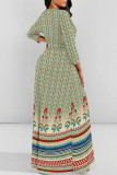 Striped Flowers Leopard Print Lace Up O Neck Long Sleeve Vacation Maxi Dresses