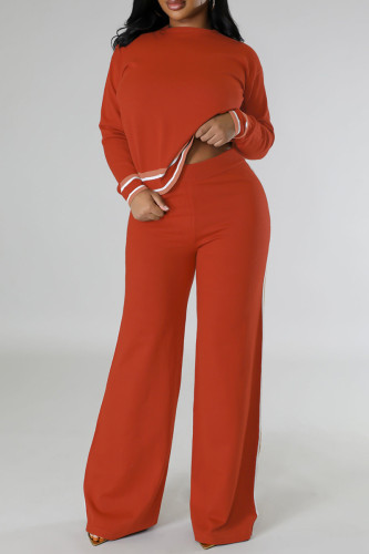 Red Casual Stripe Print O Neck Long Sleeve Sweatshirt And Wide Leg Pants Vacation Two Pieces Trouser Sets