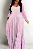 Deep Pink Casual Graphics Print V Neck Long Sleeve Floor Length Casual Outing Oversized Hem Loose Maxi Dress