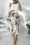 Orange White Casual Street Geometric Print Contrast O Neck Printed Dresses