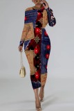 Purple Casual Christmas Print Long Sleeve O Neck Bodycon Maxi Dresses