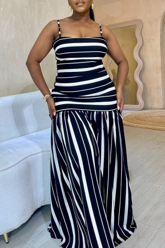 Black And White Stripe Print Sleeveless Backless Spaghetti Strap Vacation Maxi Slip Dresses