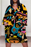 Brown Casual Boho Graphics Print Basic V Neck Short Sleeve Loose Pockets Midi T-Shirt Dress