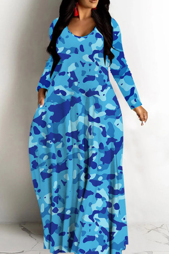 Blue Casual Graphics Print V Neck Long Sleeve Floor Length Casual Outing Oversized Hem Loose Maxi Dress