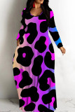 Deep Pink Casual Graphics Print V Neck Long Sleeve Floor Length Casual Outing Oversized Hem Loose Maxi Dress