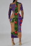 Purple Casual Christmas Print Long Sleeve O Neck Bodycon Maxi Dresses