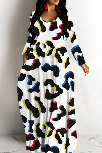 White Casual Graphics Print V Neck Long Sleeve Floor Length Casual Outing Oversized Hem Loose Maxi Dress
