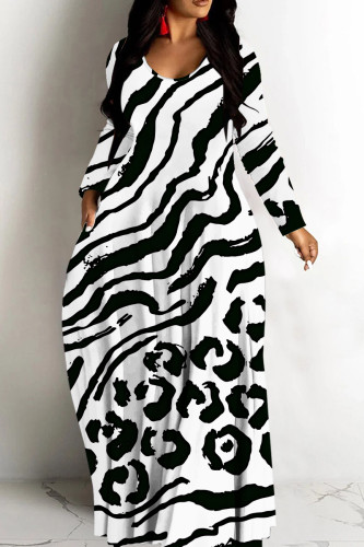 Black And White Casual Graphics Print V Neck Long Sleeve Floor Length Casual Outing Oversized Hem Loose Maxi Dress
