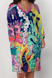 Brown Casual Boho Graphics Print Basic V Neck Short Sleeve Loose Pockets Midi T-Shirt Dress