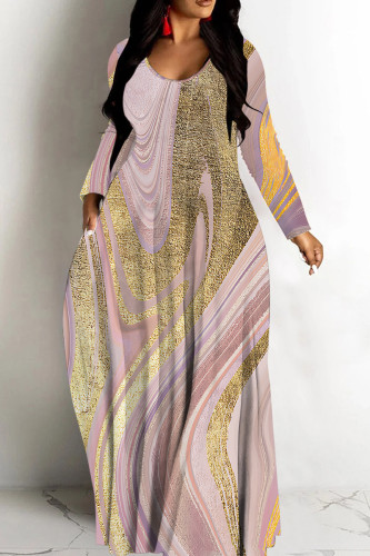Pink Gold Casual Striped Floral Print V Neck Long Sleeve Floor Length Casual Outing Oversized Hem Loose Maxi Dress