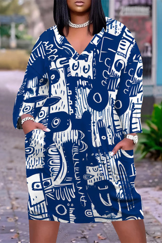 Blue Casual Boho Graphics Print Basic V Neck Short Sleeve Loose Pockets Midi T-Shirt Dress