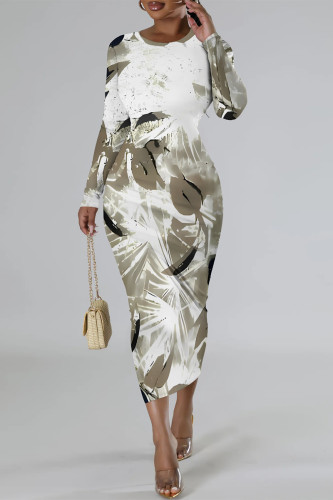 White Casual Street Geometric Print Contrast O Neck Printed Dresses