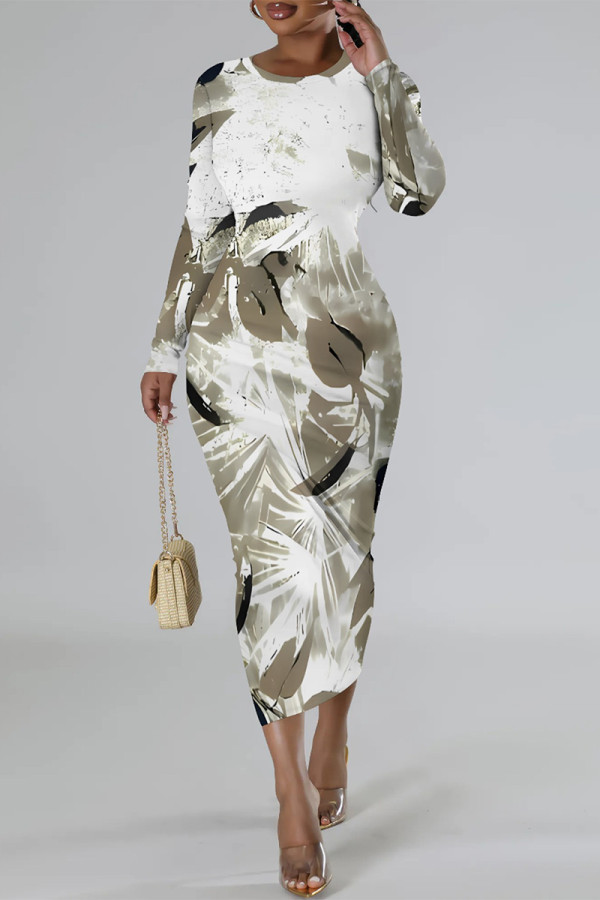 White Casual Street Geometric Print Contrast O Neck Printed Dresses