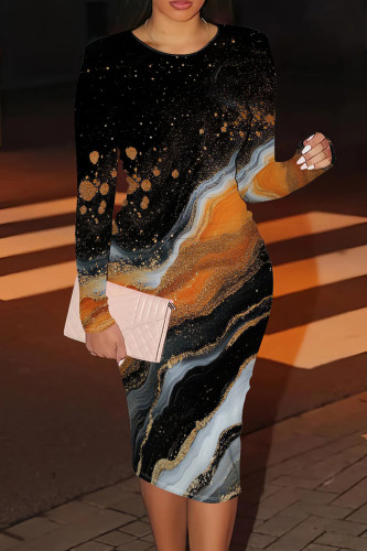 Orange Black Casual Graphcis Print O Neck Long Sleeve Wrapped Skirt Bodycon Maxi Dresses