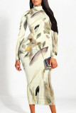 White Casual Colorblock Striped Print Half A Turtleneck Long Sleeve Bodycon Maxi Dresses