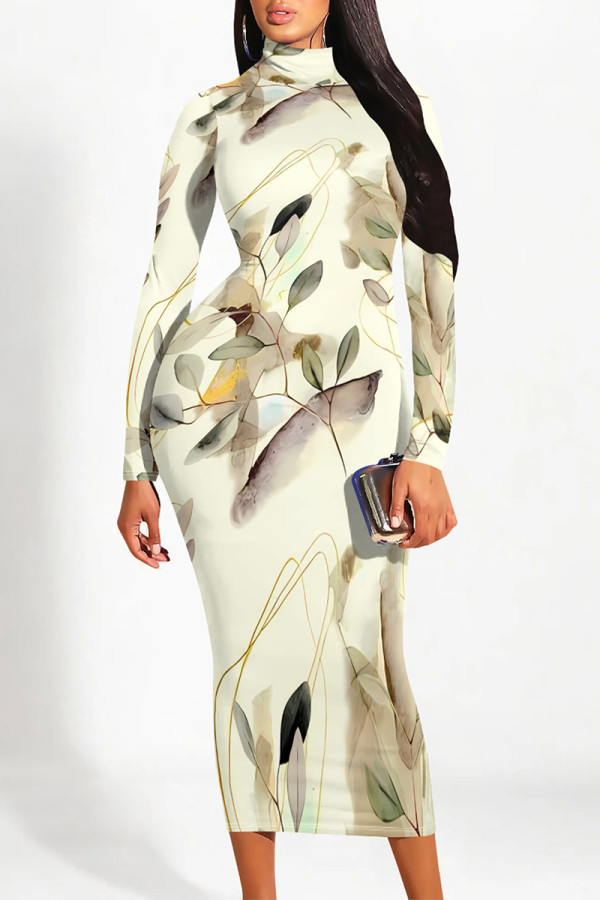 Beige Casual Colorblock Striped Print Half A Turtleneck Long Sleeve Bodycon Maxi Dresses