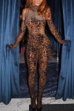 Black Casual Leopard Print Turtleneck Long Sleeve Skinny Jumpsuits One Piece Bodysuit