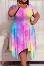 Blue Purple Casual Graphcis Tie Dye Print O Neck Short Sleeve Irregular Hem Plus Size Midi T-shirt Dresses