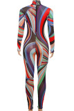 Colour Casual Graphics Print Long Sleeve Turtleneck Skinny Jumpsuits One Piece Bodysuit