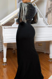 Apricot Fringed Trim Hot Drill O Neck Long Sleeve Side Slit  Formal Evening Party Wedding Long Bodycon Maxi Dress