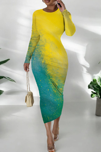 Green Yellow Casual Print O Neck Long Sleeve Wrapped Skirt Bodycon Maxi Dresses