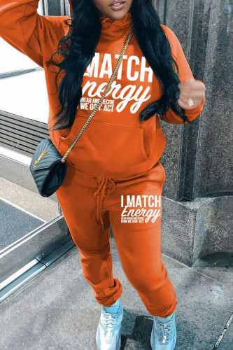 Orange Casual Letter Print Hooded Long Sleeve Pocket Sweatshirt And Pants Sportwear Two Pieces Jogger Sets